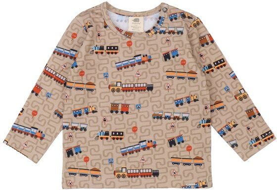 Kinder Langarmshirt GOTS zertifiziert, Bio-Baumwolle, braun, „Tiny Trains“, Zug-Muster, weich – Walkiddy