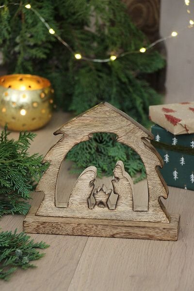 GLOBO Fair Trade Krippe NEVIO, Mangoholz - Weihnachtsgeschichte, Teelicht, Deko