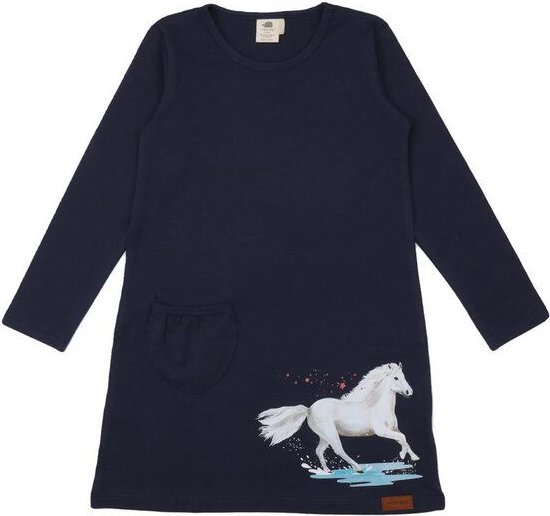 Kinder Tunika GOTS zertifiziert, dunkelblau, „White Horses“ Motiv, Langarm, weich – Walkiddy