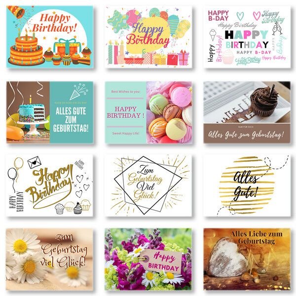 Thumbnail - Domelo 12er Set Geburtstagskarten mit Umschlag Glückwunschkarten Postkarte als Grußkarten