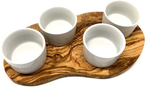 Thumbnail - Olivenholz erleben Servierbrett für Dips inkl. 4 Porzellanschälchen