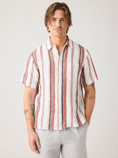 KnowledgeCotton Apparel Lockeres gestreiftes Kurzarmhemd aus Bio-Leinen