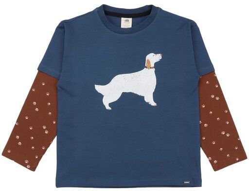 Kinder Langarmshirt GOTS zertifiziert Bio-Baumwolle, Blau, Hunde-Motiv, gemusterte Ärmel, Walkiddy