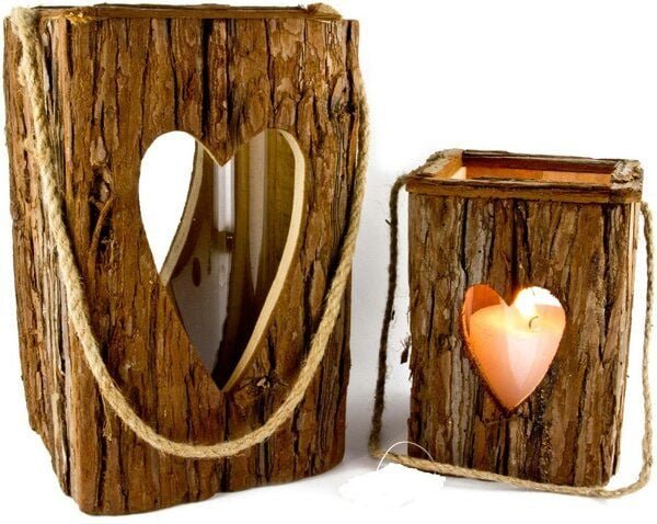 ReineNatur Nadelholz Windlicht – Naturrinde – Herzförmige Fenster – Glaszylinder