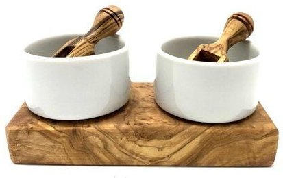 Olivenholz erleben Dipschälchen-Set Porzellan (ø 5,5 cm) inkl. 2 Schippchen aus Olivenholz