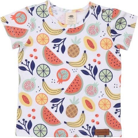 Kinder T-Shirt GOTS zertifiziert, „Cheerful Fruits“ Allover, mehrfarbig, Bio-Baumwolle, weich – Walkiddy