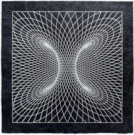 Veskor Cassiopeia TORUSFELD Heilige Geometrie Linoldruck | 40 x 40 cm | Silber auf Schwarz