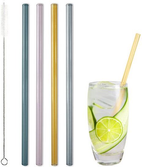 Contento Glastrinkhalm bunt 21 cm lang, 4 Stück auf Geschenkkarte, mit Reinigungsbürste