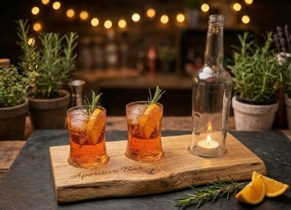 Portia by Callidus Designs Aperitivo Bar Servierbrett aus Eiche mit Naturkante, Aperol Spritz Brett mit Glasmulden, Aper...