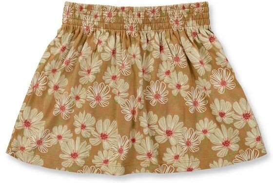 sense-organics Mädchen Schlupfrock mit Blumendruck auf karamellbraunen Hintergrund, Modell MALIA von Sense Organics