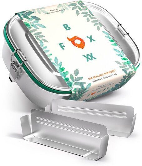 ÖKO Edelstahl Brotdose FOXBOXX 2 Trenner | dicht | SmartClips + 5 Farb