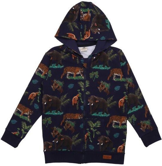 Kinder Sweatjacke GOTS zertifiziert Bio-Baumwolle, Blau, Tropen-Muster, Walkiddy