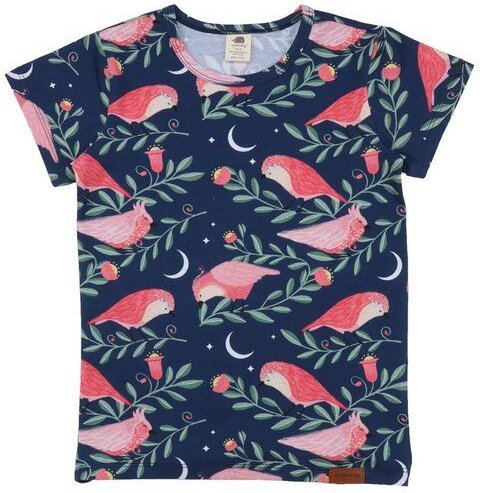 Kinder T-Shirt GOTS zertifiziert Bio-Baumwolle Dunkelblau Vogel-Print „Pinky Birds“ Kurzarm weich – Walkiddy