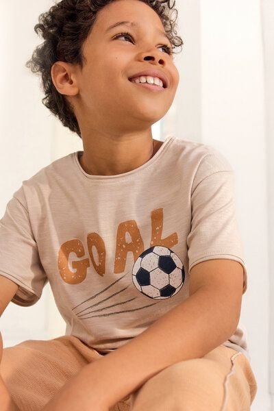 People Wear Organic Kurzarm Shirt, beige uni, "Fußball", Bio-Baumwolle