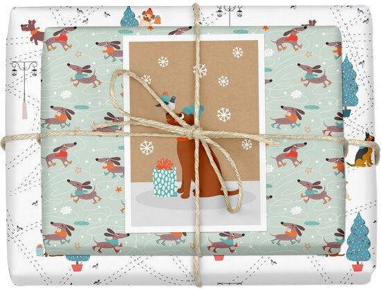 dabelino Geschenkpapier Set: Weihnachten "Hunde (Mops, Dackel)": 4x Bögen + 1x Weihnachtskarte (für Erwachsene + Kinder)