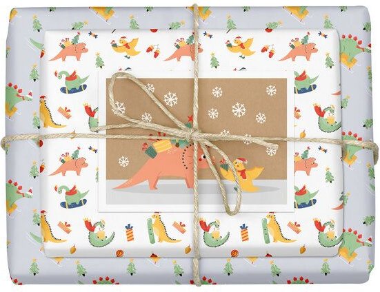 dabelino Geschenkpapier Set: Weihnachten "Dinosaurier": 4x Bögen + 1x Weihnachtskarte (für Kinder)