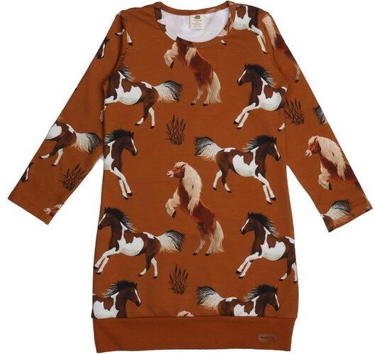 Kinder Kleid GOTS zertifiziert – 95% Bio-Baumwolle, Braun mit Pferdemotiv, Langarm, 5% Elasthan, weich & bequem | Walkid...