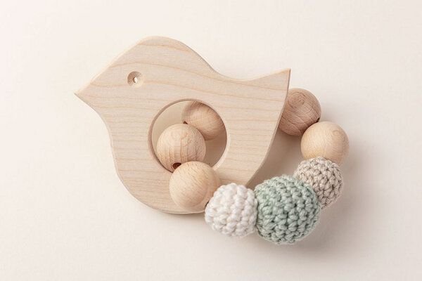 NoniKids Berlin Greifling Beißring Holz *Vogel* | Bio Baumwolle