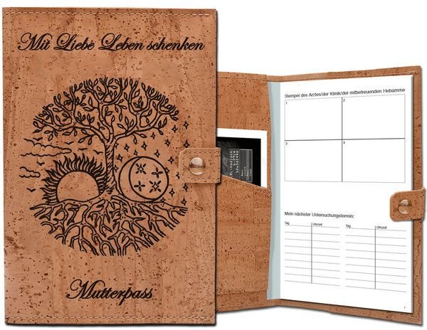 Simaru Mutterpasshülle Lebensbaum aus Kork mit 2 Fächern und Druckknopf-Verschluss