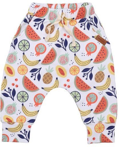 Kinder Baggy Hose GOTS zertifiziert, „Cheerful Fruits“ Allover, mehrfarbig, Kordelbund, weich – Walkiddy
