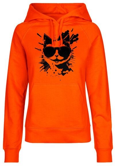HANDGEDRUCKT "Cool Cat" Frauen HOODY aus reiner Biobaumwolle (kbA)