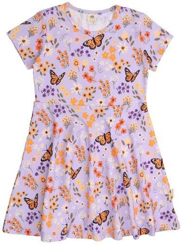 Kinder Kleid GOTS-zertifiziert aus Bio-Baumwolle, lila mit Blumen-und-Schmetterlings-Print, kurzarm, ausgestellter Rock ...