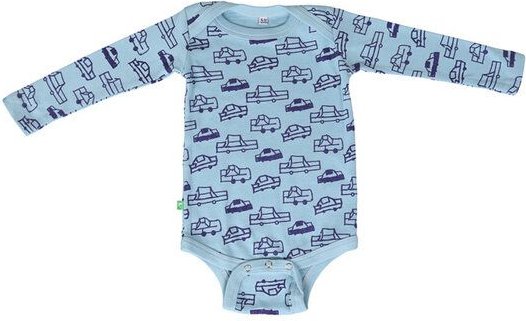 Kipepeo-Clothing Langarmbody Baby Body aus Bio-Baumwolle „Cars“ hellblau