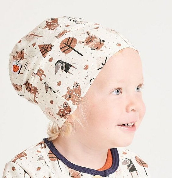 Cheeky Apple Gefütterte Baby-Haube aus Bio-Baumwolle "Paper Gang" Beige-meliert/Navy-Weiß Ringel