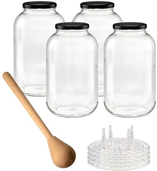 mikken Fermentier Starter Set - XXL Gläser 4,25 Liter mit Fermentier Gitter, Holzstampfer und Deckel