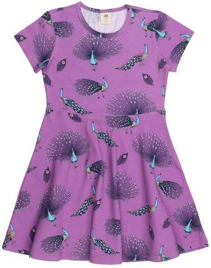 Kleinkinder Kleid – Bio-Baumwolle, Lila mit Pfauen-Print, bequem, Kurzarm, alltagstauglich | Walkiddy