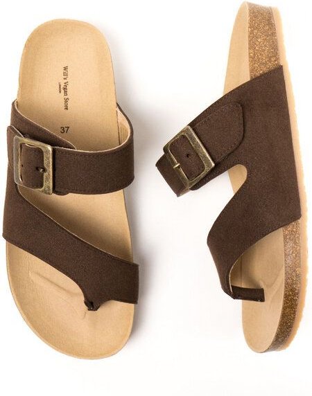 Will's Vegan Shop Two Strap Toe Peg Sandals Dunkelbraun Veganes Wildleder Damen