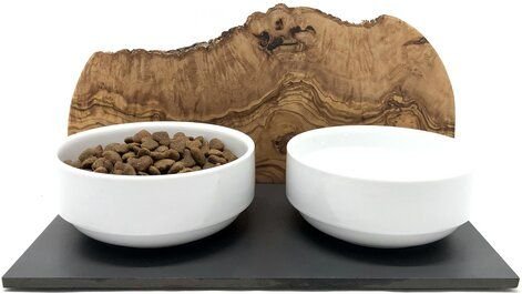 Thumbnail - Olivenholz erleben Futterstation "Cats only" DUO MOUNTAIN oder TRIO MOUNTAIN mit Olivenholzwand als Spritzschutz