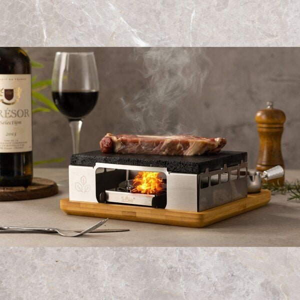 Susable "PFAS-Frei" Raclette Lava Stein Tisch Grillset - Lange Hitzebeständigkeit / Temperaturregelung / inkl. 3 Soßen-T...