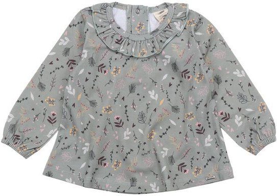 Kinder Bluse GOTS-zertifiziert aus Bio-Baumwolle grün mit Tiny-Flowers und Rüschen – Walkiddy