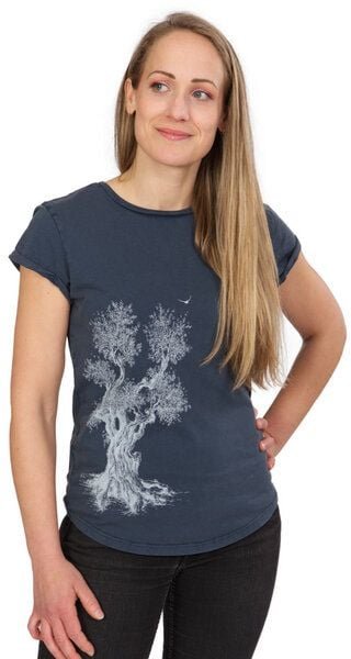 Life-Tree Organic Fairwear Shirt Women "Olive Tree" in Washed Blue/Green