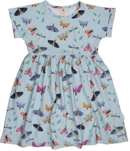 Kinder Kleid GOTS zertifiziert – Hellblau mit Schmetterlingsmuster, Kurzarm, weich & bequem | von Walkiddy