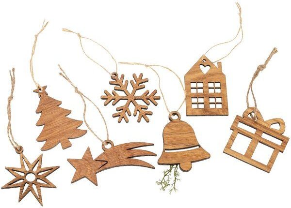 ReineNatur Weihnachtsbaumanhänger - Weihnachtsdeko - 7-tlg. Set aus Eichenholz - mit Hanfkordel