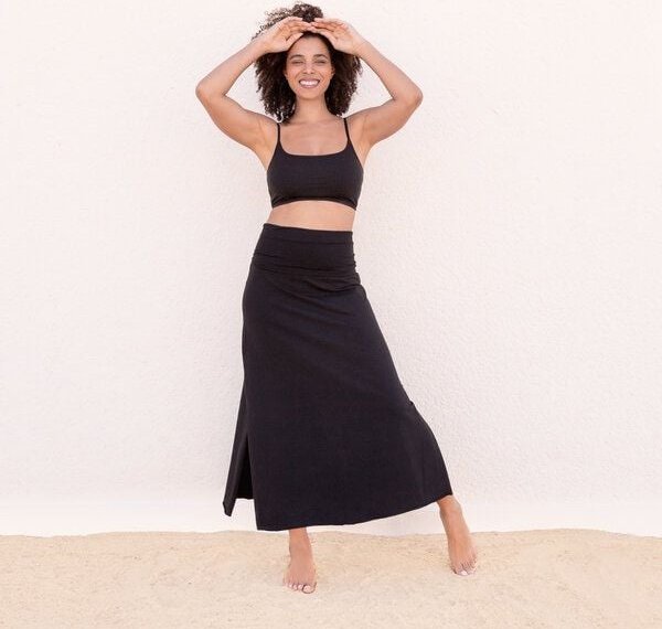 Jaya INDRA - Damen - Maxi-Rock aus elastischer Biobaumwolle mit doppeltem Bund, High Waist - Low Waist tragbar