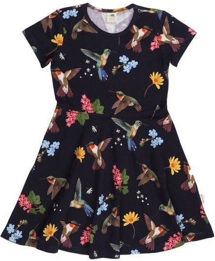 Kinder Sommerkleid GOTS-zertifiziert aus Bio-Baumwolle, dunkel mit Kolibri-und-Blumen-Print, kurzarm, schwingender Rock ...