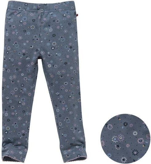 People Wear Organic Leggings mit Häkelkante am Beinsaum, ozeanblau bedruckt mit Frühlingsblumen, aus Bio-Baumwolle
