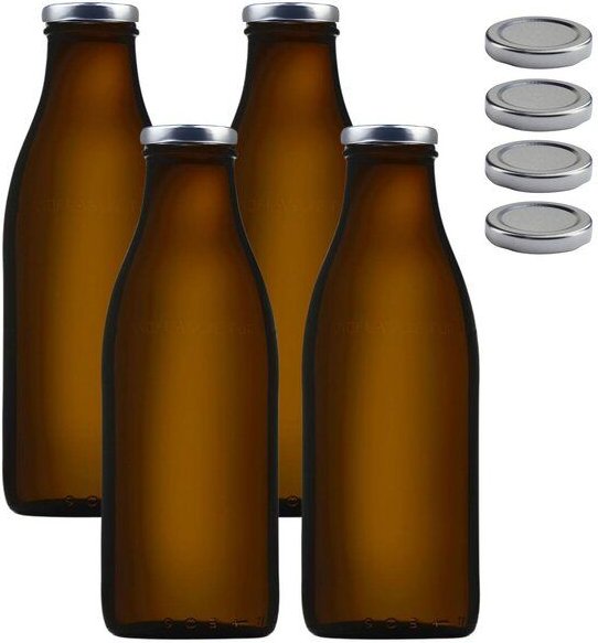 mikken 4er Set Milchflasche 1000 ml braune Glasflasche mit Ersatzdeckel Blueseal Deckel