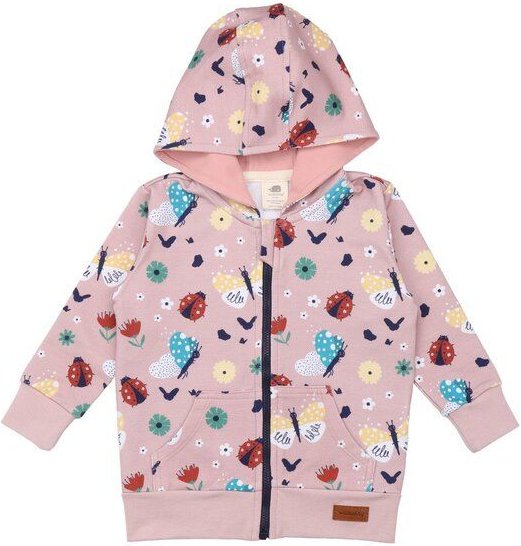 Kinder Kapuzenjacke GOTS zertifiziert, rosa, Marienkäfer & Schmetterlinge Allover, Reißverschluss – Walkiddy