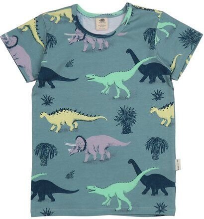 Kinder T-Shirt GOTS-zertifiziert aus Bio-Baumwolle blaugrün mit Dinosaurier-Motiv „Running Dinosaurs“ – Walkiddy