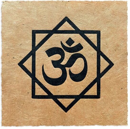 Veskor Cassiopeia OM (AUM) Symbol Linoldruck | 16 × 16 cm | Schwarz auf Mandarin