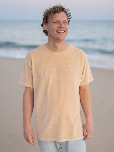 FUXBAU Männer Samt T-Shirt - beige gelb geriffelt