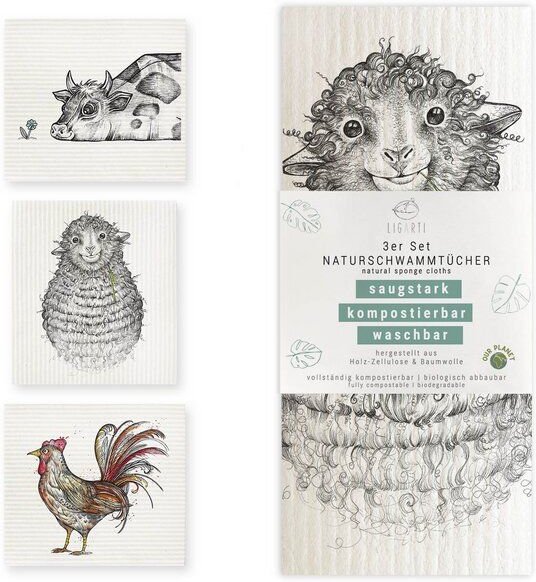 Schwammtücher 3er-Set »Bauernhof« von LIGARTI | wiederverwendbar | kompostierbar | Naturschwammtücher