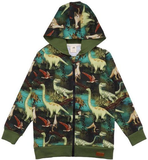 Kinder Sweatjacke GOTS zertifiziert – Grün mit Dinosauriermotiv, Kapuze & Reißverschluss | von Walkiddy