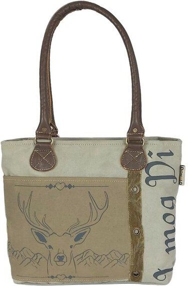 Domelo Canvas Handtasche. Schultertasche in beige/braun mit Hirsch-Motiv