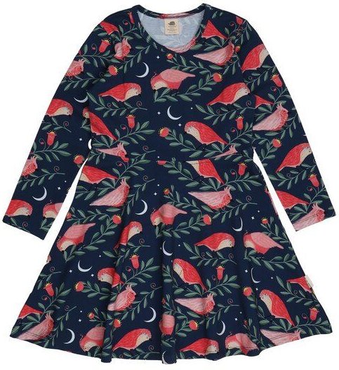 Kinder Kleid GOTS-zertifiziert aus Bio-Baumwolle dunkelblau mit pinken Vögeln „Pinky Birds“ – Walkiddy