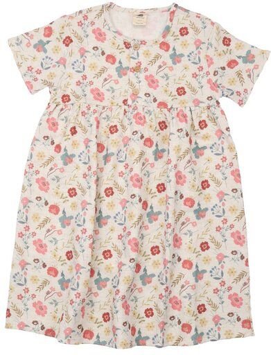 Kinderkleid GOTS zertifiziert, Bio-Baumwolle, mehrfarbig, „Flowers & Leaves“, Kurzarm, leicht & weich – Walkiddy